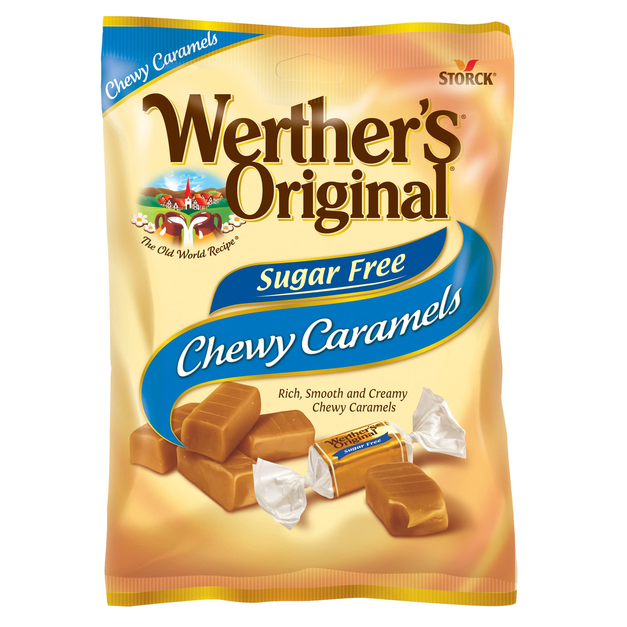 Werther's Original Chewy Caramels Sugar Free Candies - Individually Wrapped Soft & Chewy Candy Pieces, Sweets for Parties or Holidays - 1.46 oz Bags (Pack of 12)