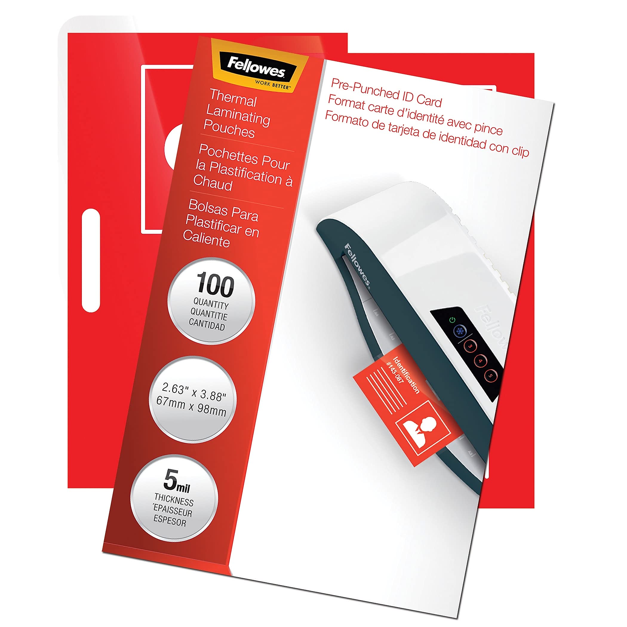 Fellowes Hot Laminating Pouches, ID Tag, Punched, 5 mil, 100 Pack, Clear (52016)