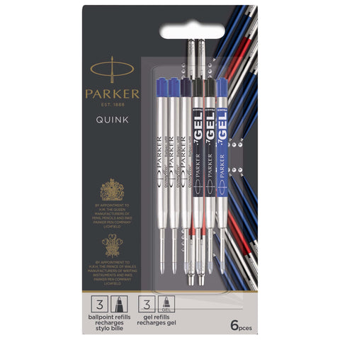 Parker Jotter London Ballpoint and Gel Pen Refill Discovery Pack: 3 Quinkflow Refills for Ballpoint Pens & 3 Quink Gel Refills