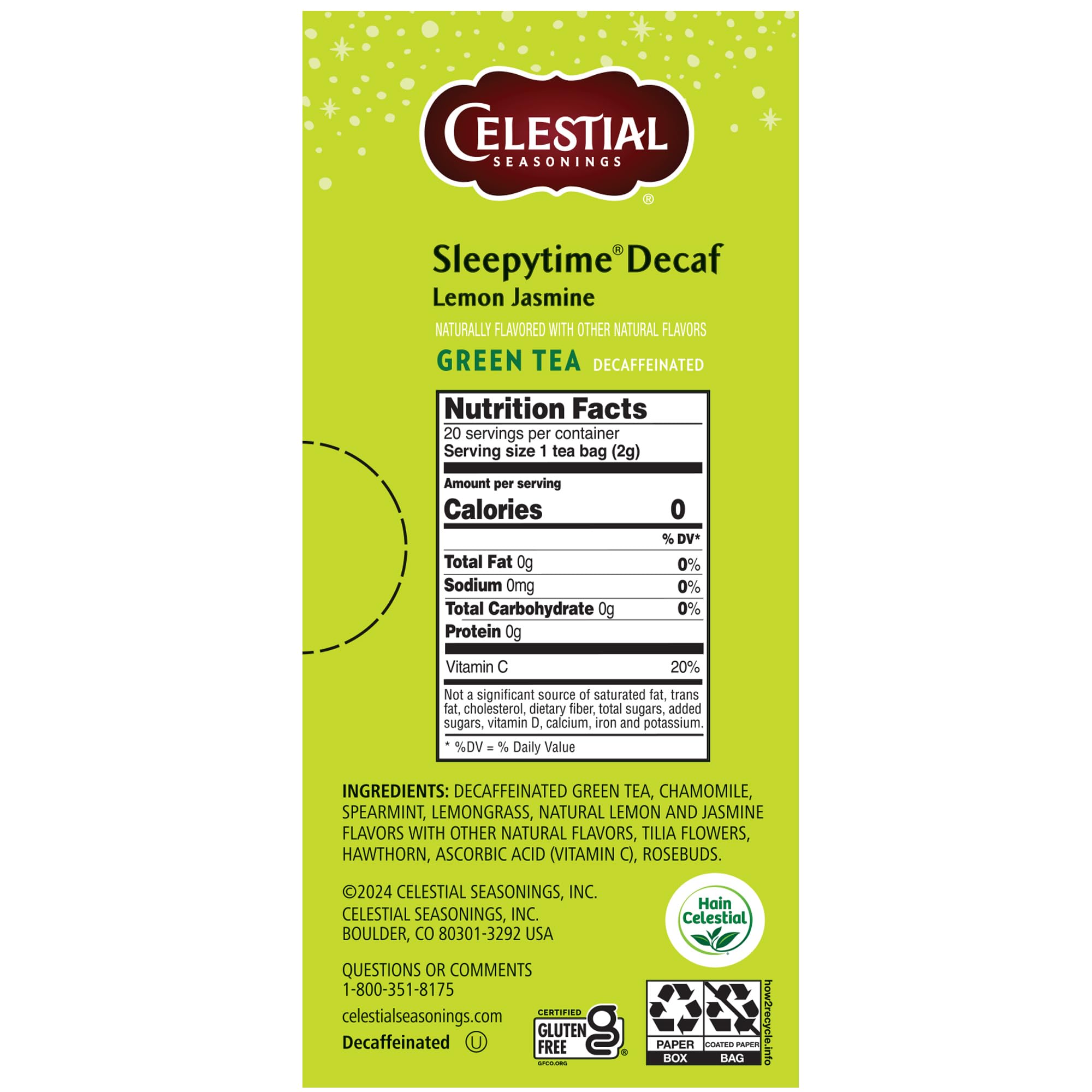 Celestial Seasonings Sleepytime Decaf Lemon Jasmine Green Tea Bags 20 Tea Bags