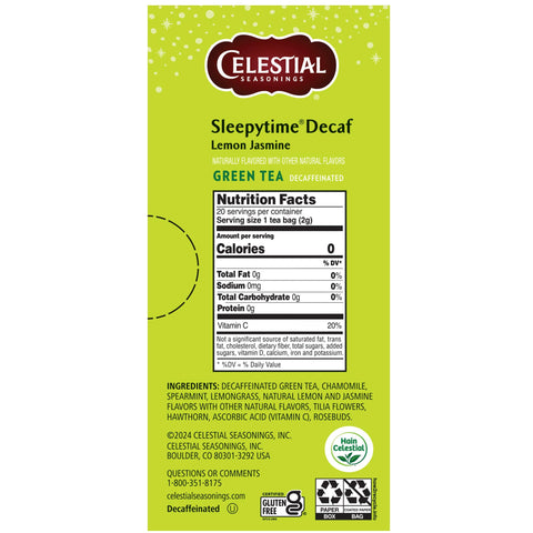 Celestial Seasonings Sleepytime Decaf Lemon Jasmine Green Tea Bags 20 Tea Bags