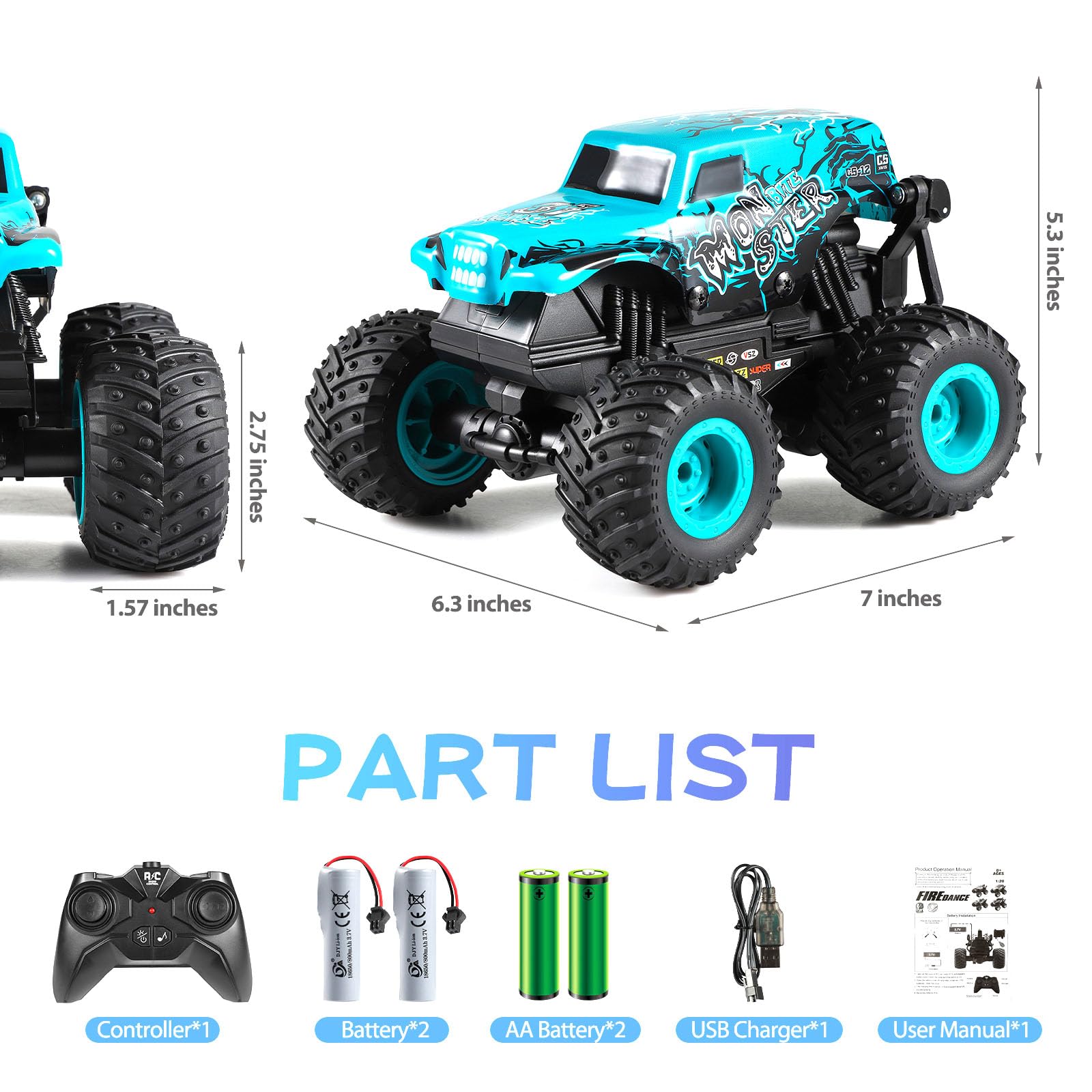 DYODYORC Remote Control Car, 2.4Ghz All Terrain Shark Monster Truck Toys, RC Truck with Music, 3 Lighting Effects, 360 Stunt Capable, 2 Batteries Ready to Run, Toy Gifts for Boys and Girls (Blue)