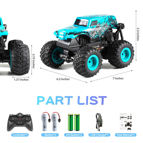 DYODYORC Remote Control Car, 2.4Ghz All Terrain Shark Monster Truck Toys, RC Truck with Music, 3 Lighting Effects, 360 Stunt Capable, 2 Batteries Ready to Run, Toy Gifts for Boys and Girls (Blue)