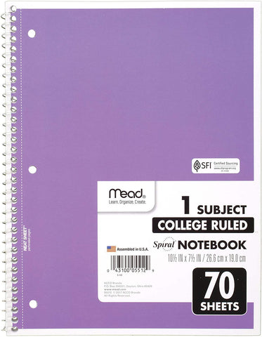 Mead Spiral Notebook, 1 Subject, College Ruled Paper, 70 Sheets, 10-1/2" x 7-1/2", Assorted Colors (05512)
