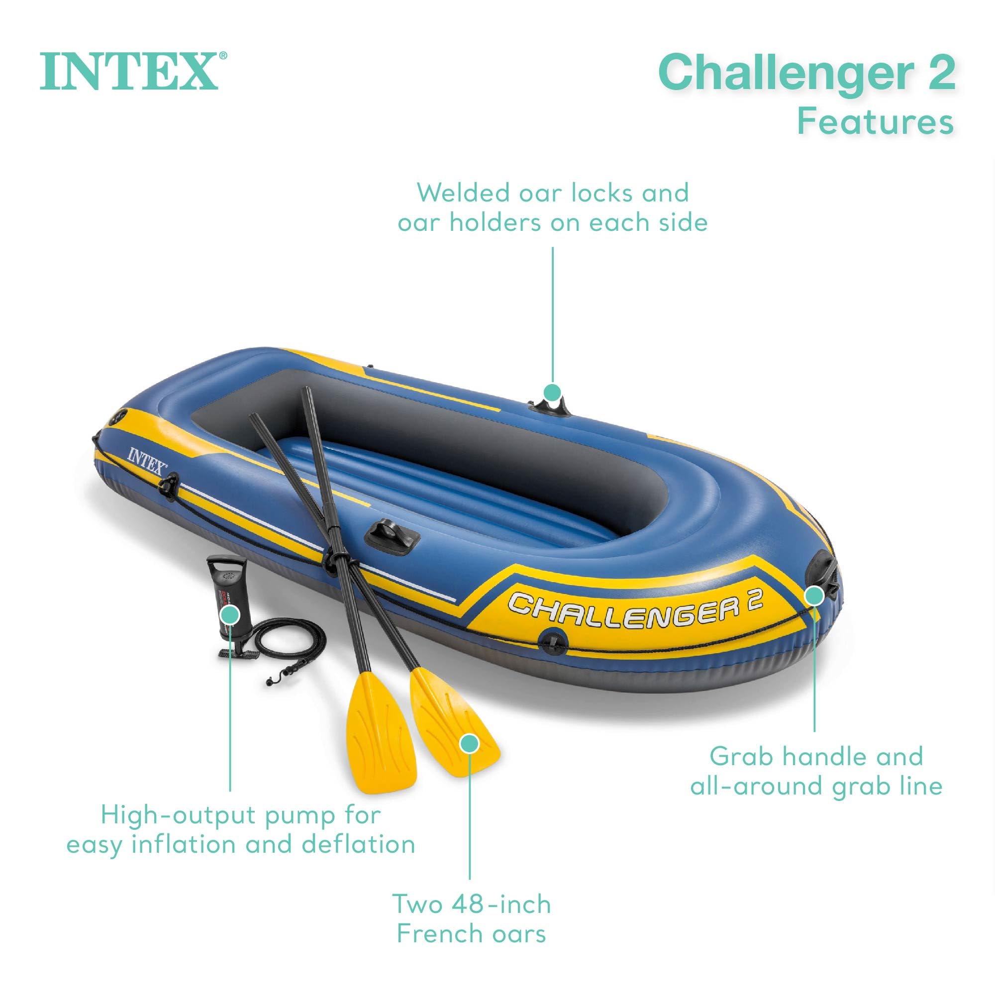 INTEX 68367EP Challenger 2 Inflatable Boat Set: Includes Deluxe 48in Boat Oars and High-Output Pump – Triple Air Chambers – Welded Oar Locks – 2-Person – 440lb Weight Capacity