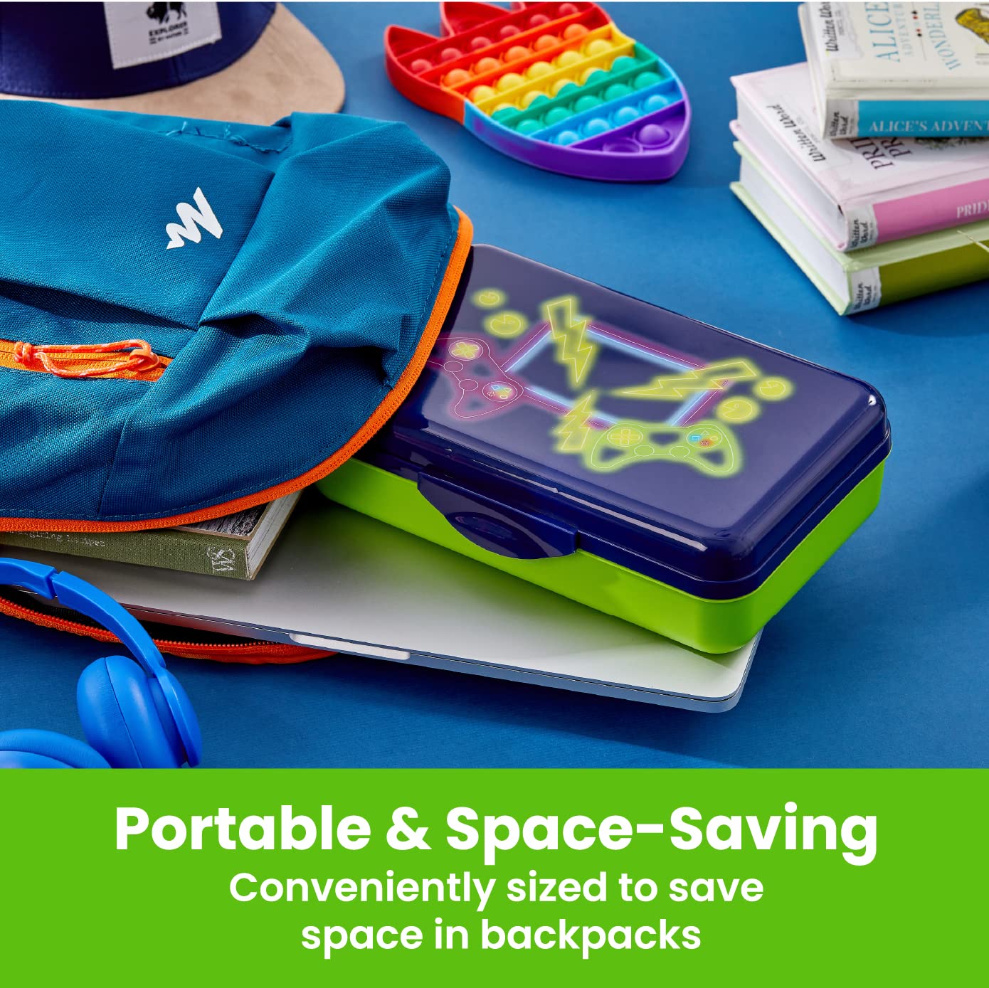It's Academic Pencil Box Kit, Includes Ruler & Sharpener, Durable Plastic, for School & Office Supplies, Blue Gaming Design