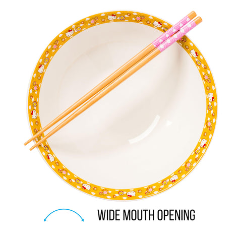 Silver Buffalo Sanrio Hello Kitty Pink and Gold Japanese Pattern with Flowers Ceramic Ramen Noodle Rice Bowl with Chopsticks, Microwave Safe, 30 Ounces
