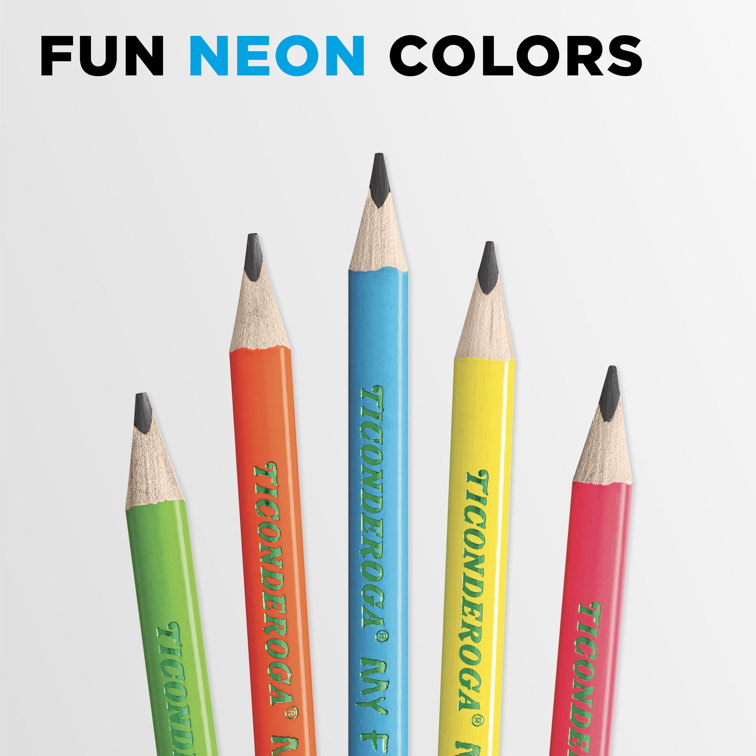 Ticonderoga My First Tri-Write Wood-Cased Pencils, Pre-Sharpened, 2 HB, With Erasers, Neon Colors, 12 Count
