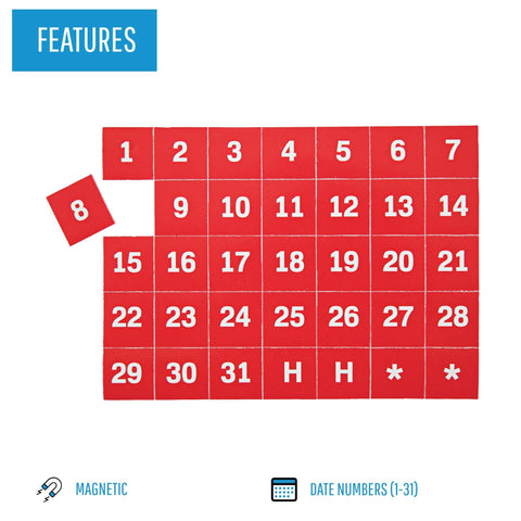 MasterVision Magnetic 1-31 Calendar Board Numbers, Set of 35-1" Calendar Dates, White on Red, Perfect Magnets for Dry Erase Planning Boards