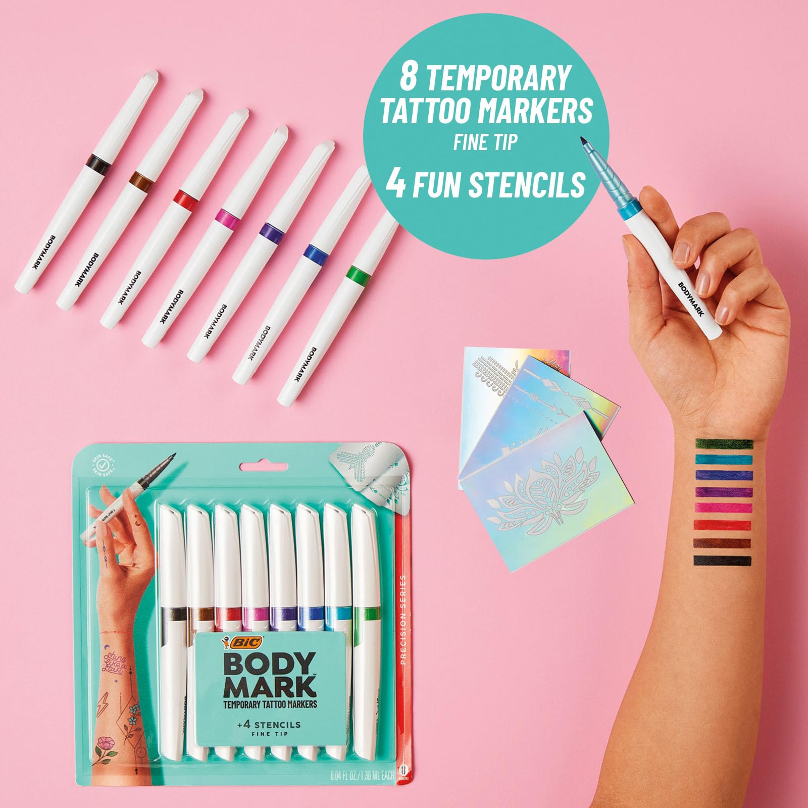 BIC BodyMark Temporary Tattoo Markers for Skin, Precision Series, Fine Tip, 8-Count Pack of Assorted Colors, Skin-Safe*, Cosmetic Quality