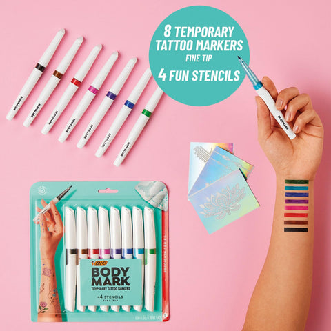 BIC BodyMark Temporary Tattoo Markers for Skin, Precision Series, Fine Tip, 8-Count Pack of Assorted Colors, Skin-Safe*, Cosmetic Quality