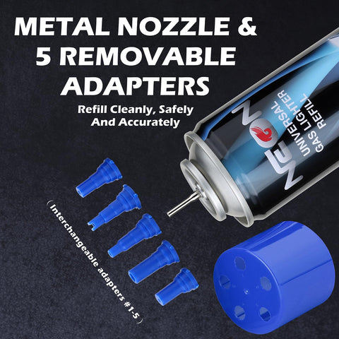 NEON Butane Refill, 300ml 7X Filtered Premium Butane Fuel, 12 Cans Pure Refined Lighter Fluid with 0 Impurities & 5 Butane Gas Adapters for Refillable Lighters, Butane Torches, Kitchen Blow Torch