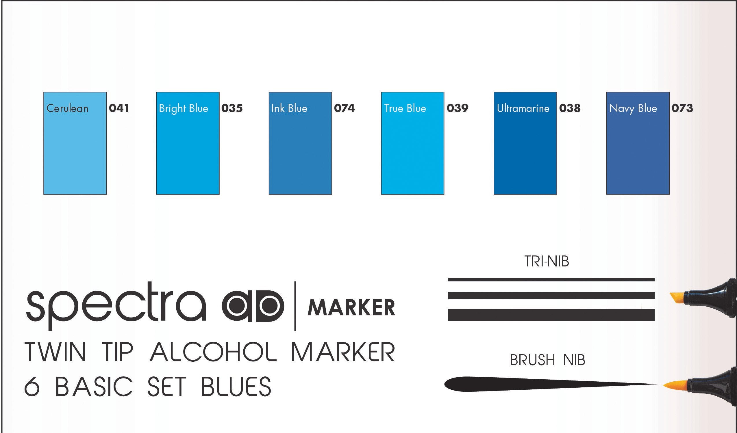 Chartpak Spectra AD Marker Set in Plastic Case, Tri-Nib and Brush Dual-Tip, 6 Assorted Blue Colors (SBLUES6AD)