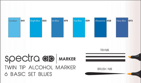Chartpak Spectra AD Marker Set in Plastic Case, Tri-Nib and Brush Dual-Tip, 6 Assorted Blue Colors (SBLUES6AD)