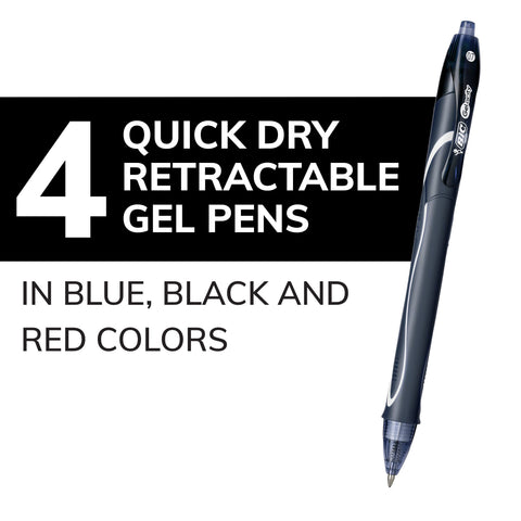 BIC Gelocity Quick Dry Assorted Colors Gel Pens, Medium Point (0.7mm), 4-Count Pack, Retractable Gel Pens With Comfortable Full Grip