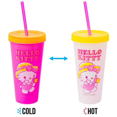 Silver Buffalo Sanrio Hello Kitty Summertime Gardening 4-Pack Color Changing Plastic Tumblers Includes Lid and Straw, 24 Ounces