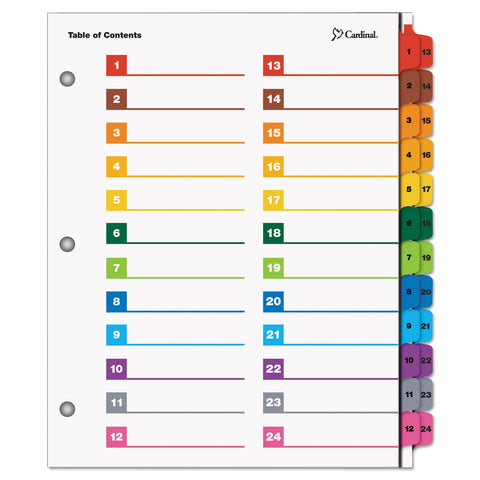 Cardinal Binder Dividers, 24 Tabs, Numbered 1–24, Customizable Table of Contents Page, Reversible Multicolor Tabs, 3-Hole Punched for Binders