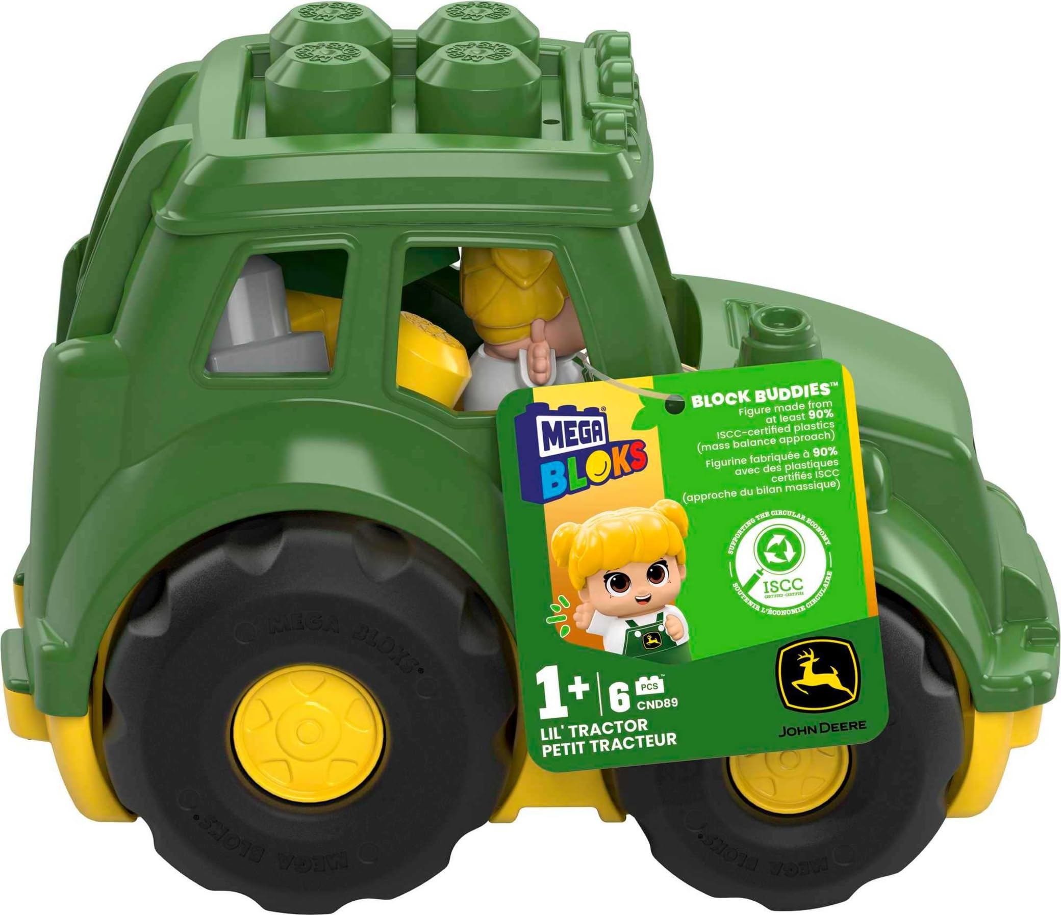 MEGA BLOKS John Deere Toddler Building Blocks Toy Set, Lil’ Tractor with 6 Pieces and Storage, 1 Figure, Green , Ages 1+ Years