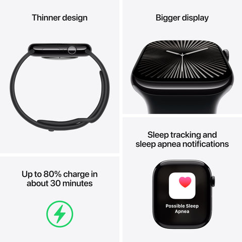 Apple Watch Series 10 [GPS 42mm case] Smartwatch with Jet Black Aluminum Case with Black Sport Band - S/M. Fitness Tracker, ECG App, Always-On Retina Display, Water Resistant