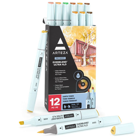 ARTEZA Dual Tip Nylon Brush Pens Set of 12 Earth Tones, EverBlend Watercolor Calligraphy Markers, Water-Based Ink
