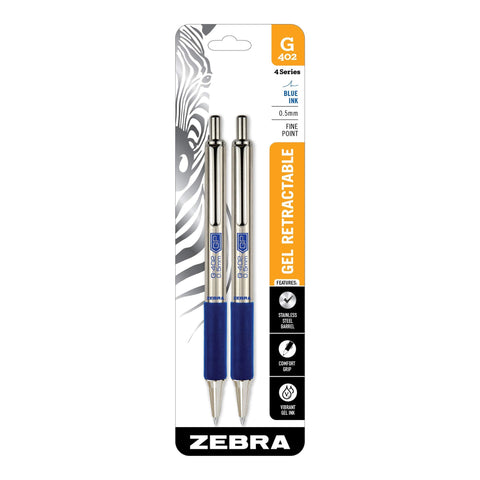 Zebra Pen STEEL G-402 Retractable Gel Pens - 0.5mm Fine Point - Smooth Blue Ink - Rapid Dry Ink for No Smears or Smudges - Refillable Stainless Steel Writing Pens for Office, School - 2 Pack (49922)