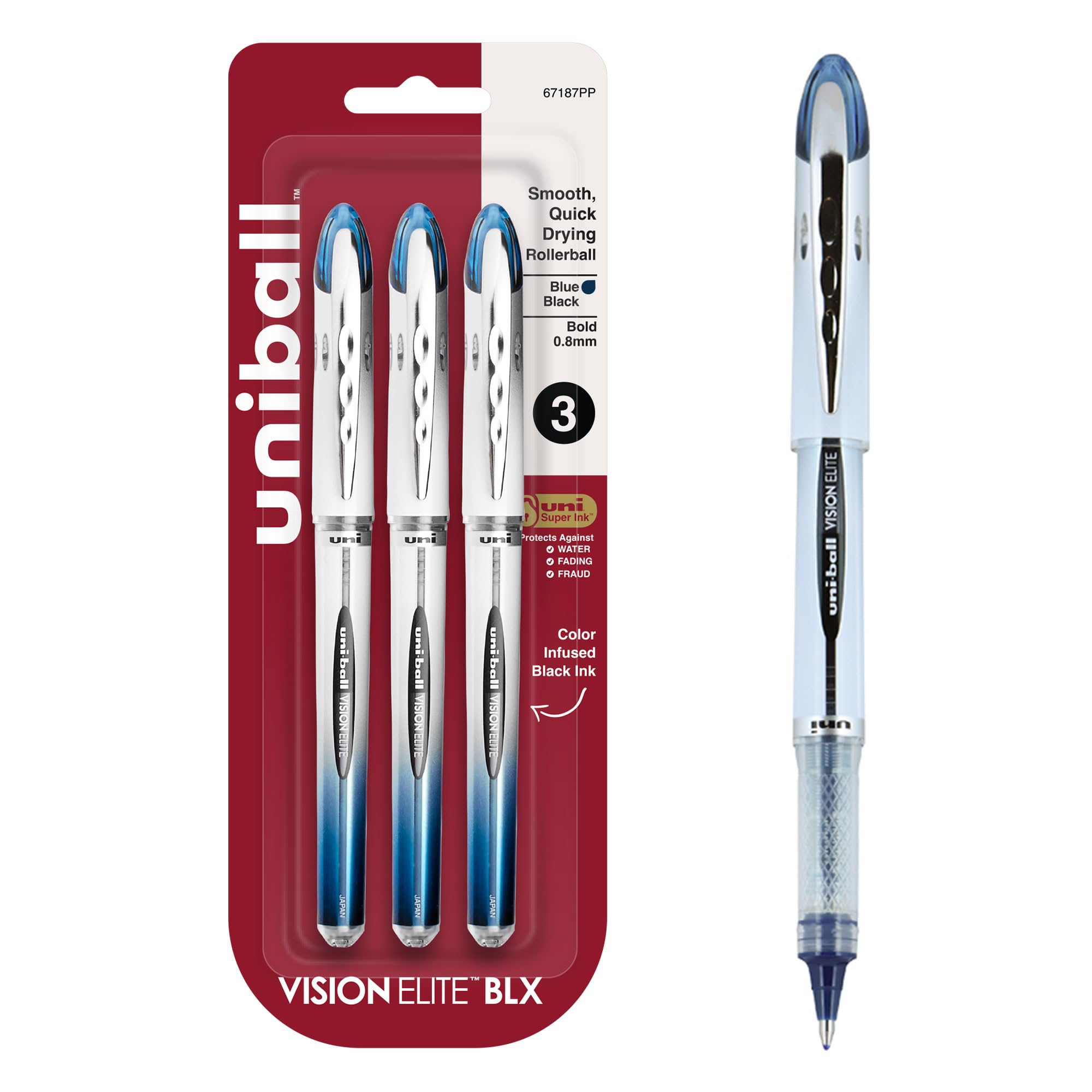 uniball Vision Elite BLX Rollerball Pens, Bold Point (0.8mm), Blue BLX Ink, 3 Pack