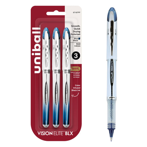 uniball Vision Elite BLX Rollerball Pens, Bold Point (0.8mm), Blue BLX Ink, 3 Pack