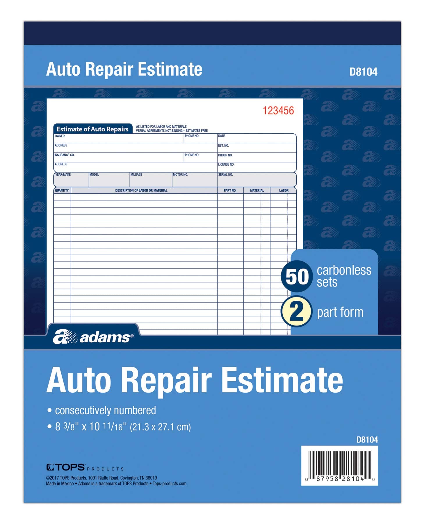 Adams Auto Repair Estimate Book, 2-Part, Carbonless, White/Canary, 8-3/8 x 10-11/16 Inches, 50 Sets per Book (D8104)
