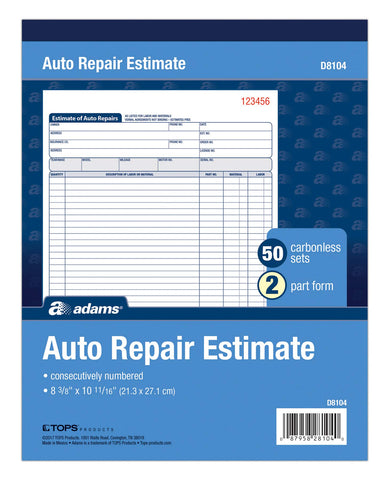 Adams Auto Repair Estimate Book, 2-Part, Carbonless, White/Canary, 8-3/8 x 10-11/16 Inches, 50 Sets per Book (D8104)