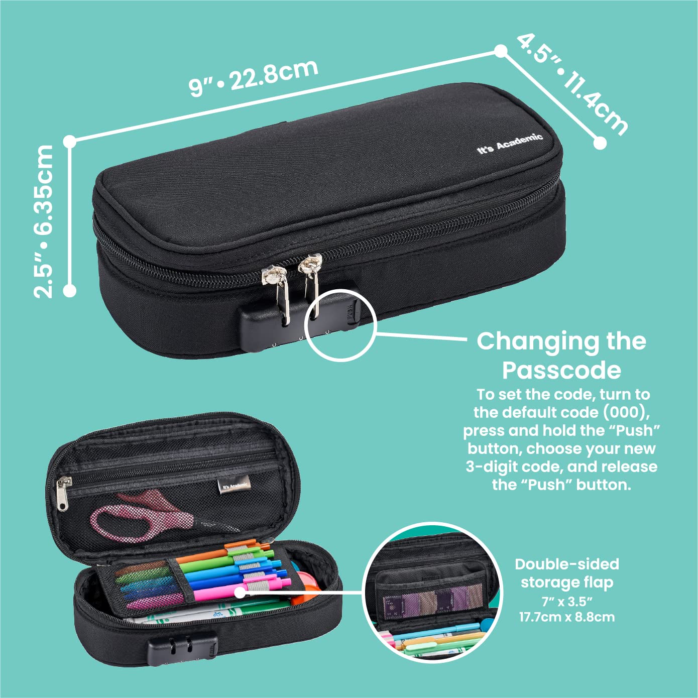 It's Academic Locking Pencil Case, for Office & School Supplies, Travel Organizer Bag, Compact, High Capacity, Light Weight, Black