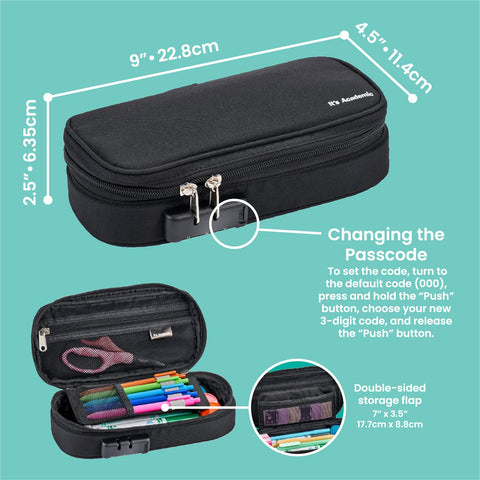 It's Academic Locking Pencil Case, for Office & School Supplies, Travel Organizer Bag, Compact, High Capacity, Light Weight, Black