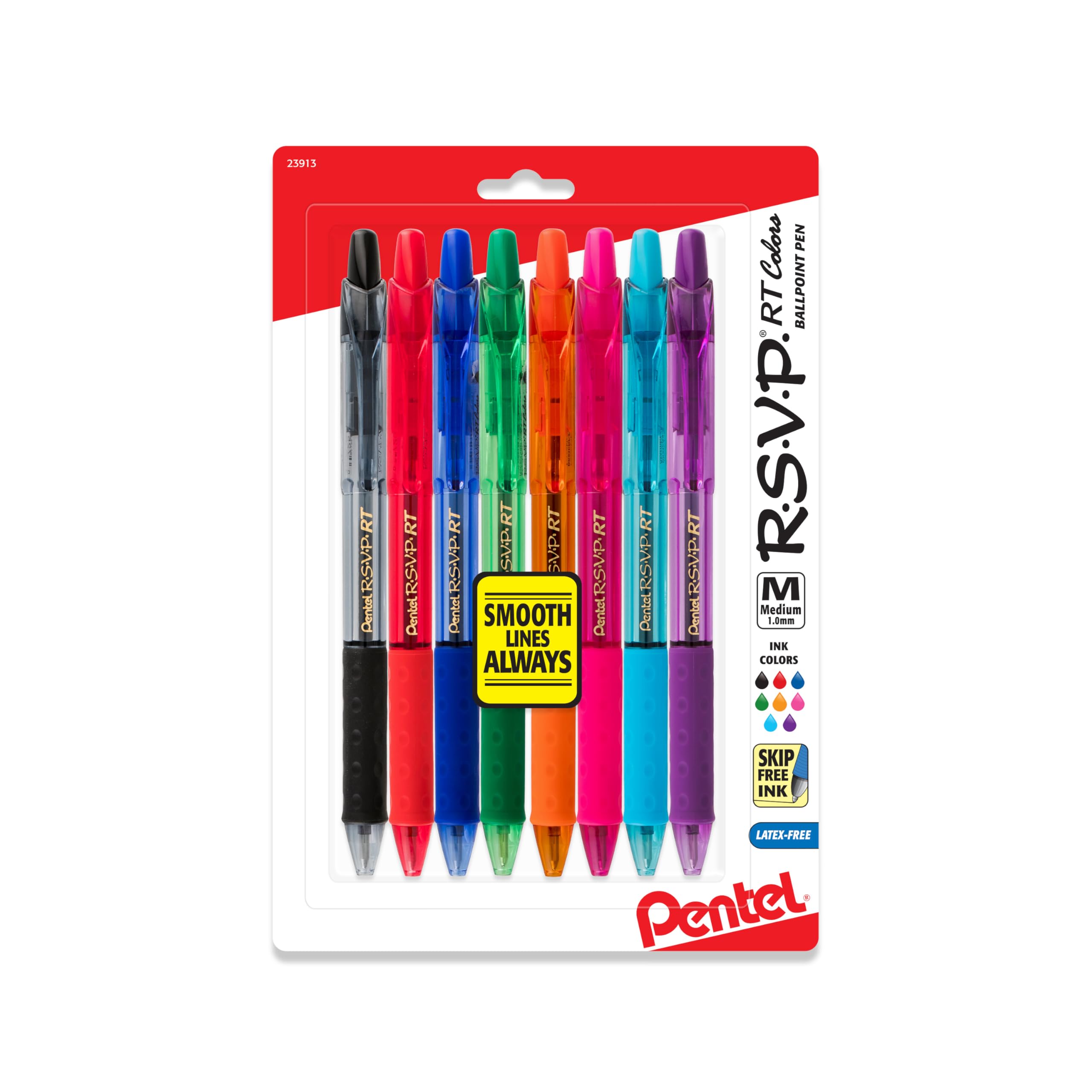 Pentel RSVP RT Colors Retractable Ballpoint Pen, (1.0mm) Medium Line, Assorted InkColors, Pack of 8 (BK93CRBP8M)