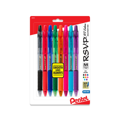 Pentel RSVP RT Colors Retractable Ballpoint Pen, (1.0mm) Medium Line, Assorted InkColors, Pack of 8 (BK93CRBP8M)