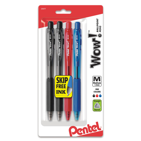 Pentel Wow! Retractable Ballpoint Pens, Medium Line, Assorted Ink, Pack of 4 (BK440BP4M1)