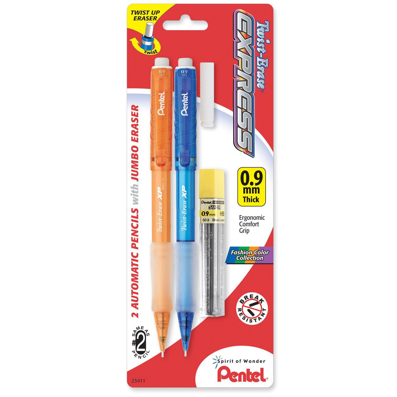 Pentel Twist-Erase Express Automatic Pencil with Lead and Eraser, 0.9mm (QE419FLEBP2), Assorted