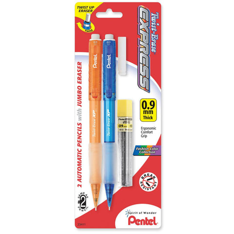 Pentel Twist-Erase Express Automatic Pencil with Lead and Eraser, 0.9mm (QE419FLEBP2), Assorted