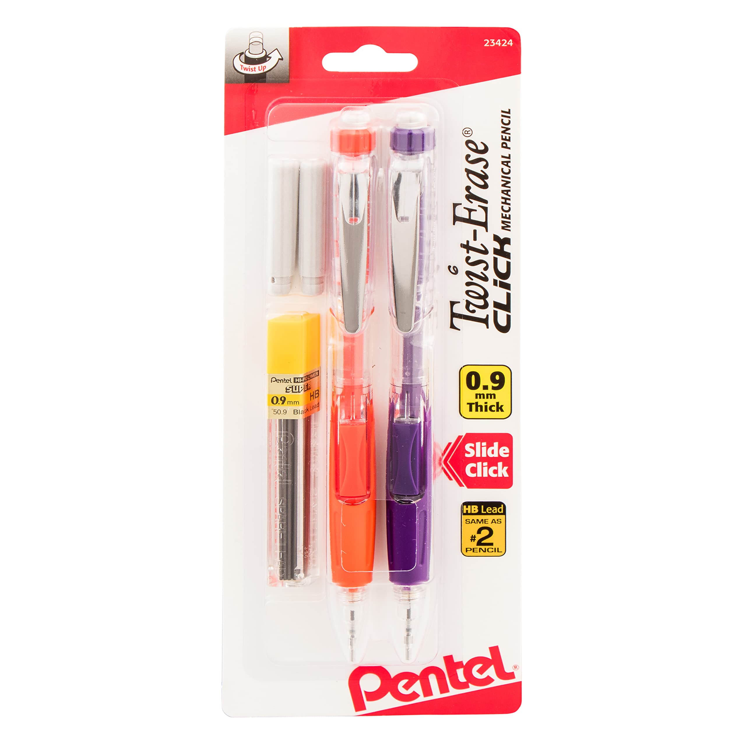 Pentel Twist Erase Click Automatic Pencil with 2 Eraser Refills and Lead, 0.9 mm, Assorted Barrels, Color May Vary, 2 Pack (PD279TLEBP2)