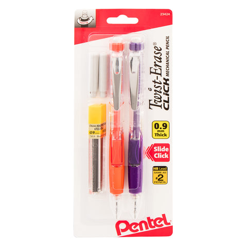 Pentel Twist Erase Click Automatic Pencil with 2 Eraser Refills and Lead, 0.9 mm, Assorted Barrels, Color May Vary, 2 Pack (PD279TLEBP2)