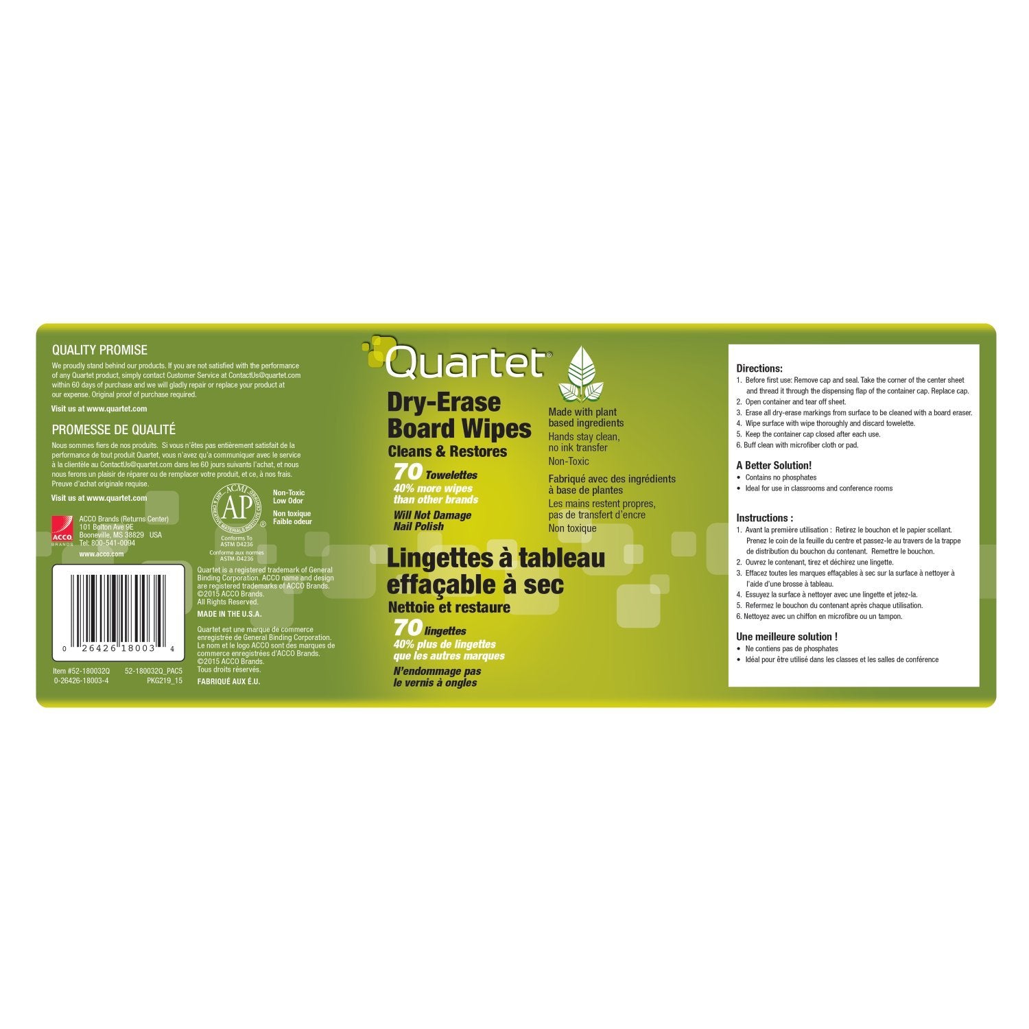 Quartet Dry Erase Cleaning Wipes, 70 Sheets, Non-Toxic Disposable Whiteboard Wipes, Low-Odor (52-180032Q),70 Wipes