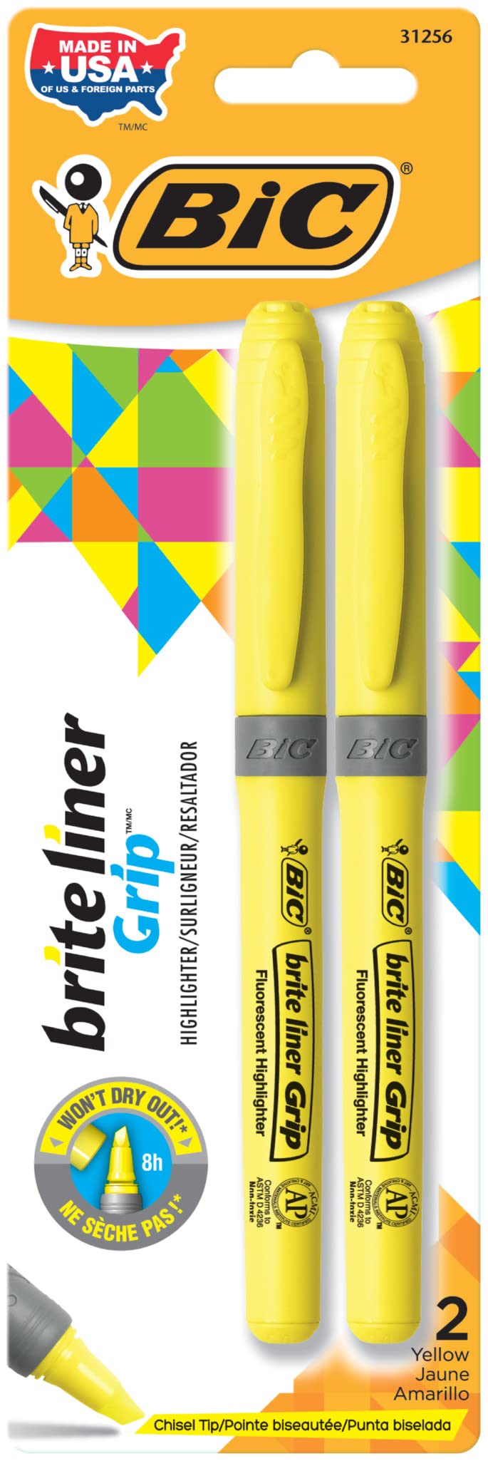 BIC Brite Liner Grip Highlighters, Chisel Tip (1.6 mm), Classic Yellow, 2-Count Pack, Best Highlighters for School Supplies and Office Supplies
