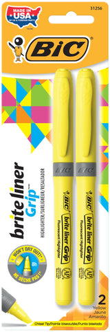 BIC Brite Liner Grip Highlighters, Chisel Tip (1.6 mm), Classic Yellow, 2-Count Pack, Best Highlighters for School Supplies and Office Supplies