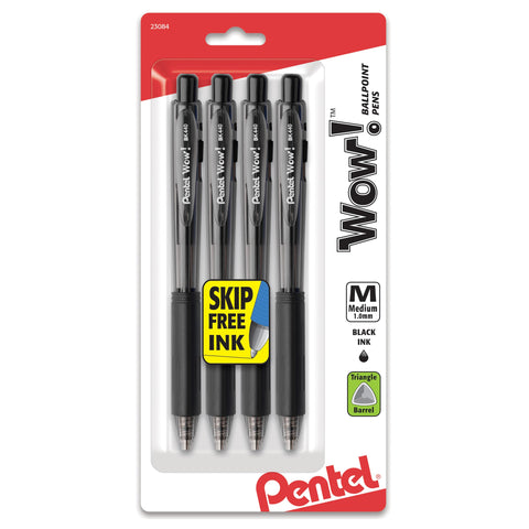 Pentel Wow! Retractable Ballpoint Pen, (1.0mm), Medium Line, Black Ink, Pack of 4 (BK440BP4A)