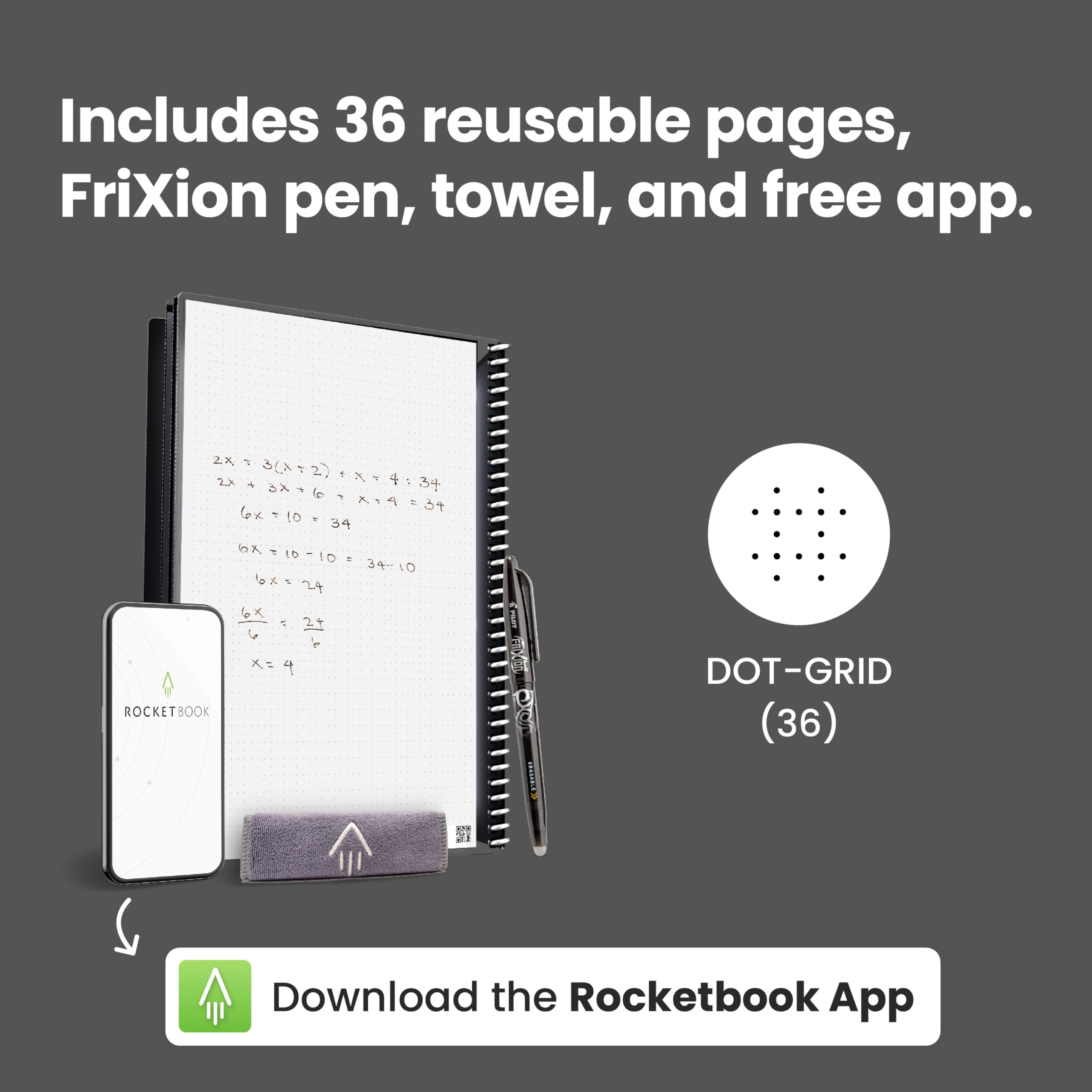 Rocketbook Core Reusable Spiral Notebook, Executive Size 6x8.8, Red - Dotted Pages, App-Connected, Erasable, Durable Cover, Ideal for School, Work, and Creative Projects