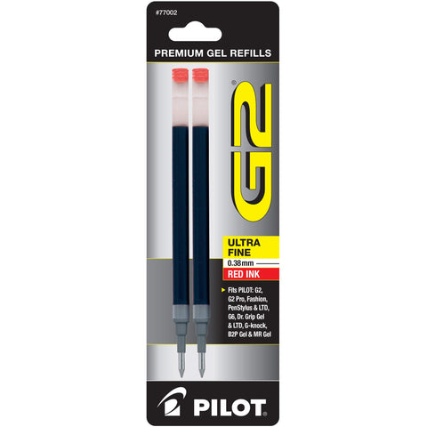 Pilot, G2 Gel Ink Refills, Ultra Fine Point 0.38 mm, Red, Pack of 2