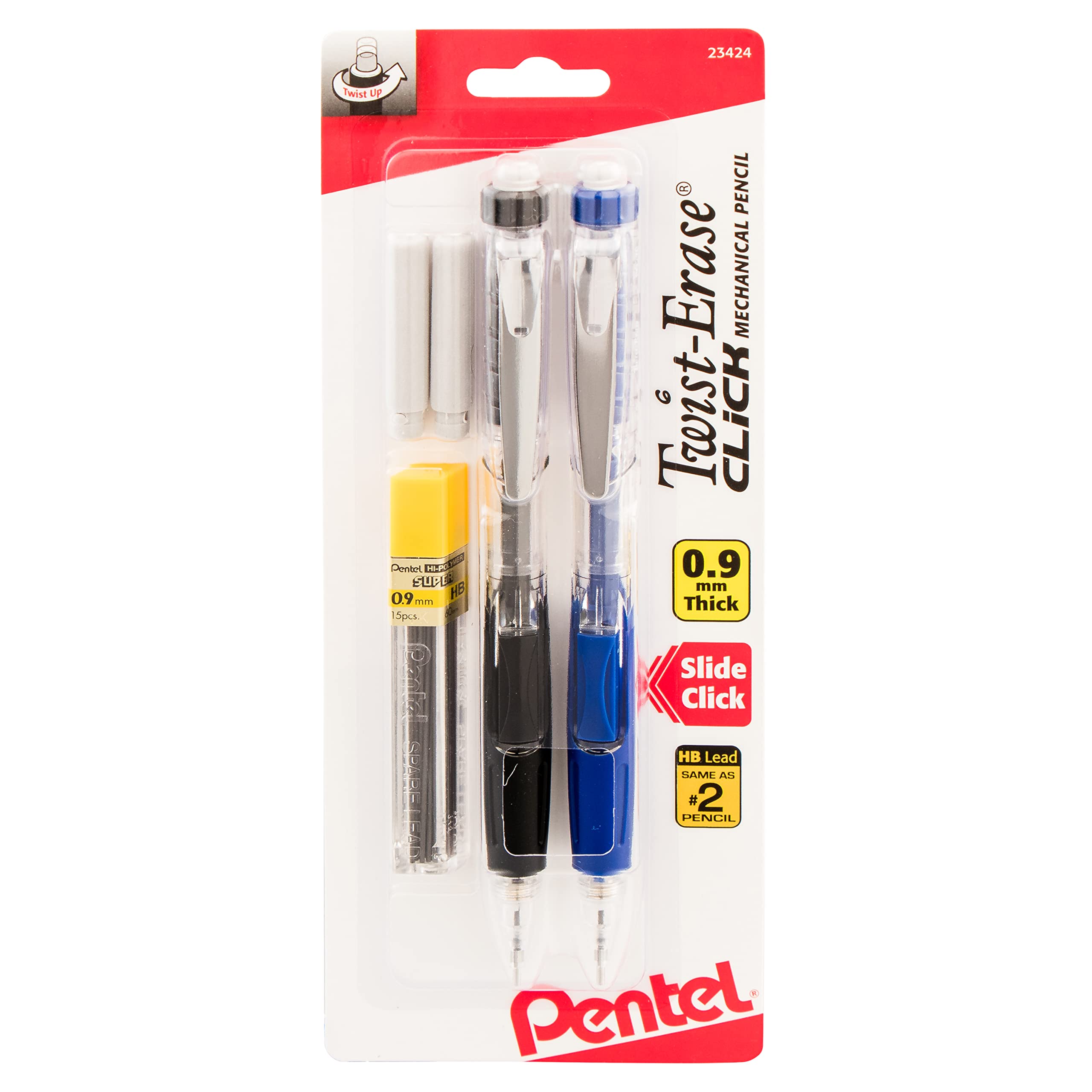 Pentel Twist Erase Click Automatic Pencil with 2 Eraser Refills and Lead, 0.9 mm, Assorted Barrels, Color May Vary, 2 Pack (PD279TLEBP2)