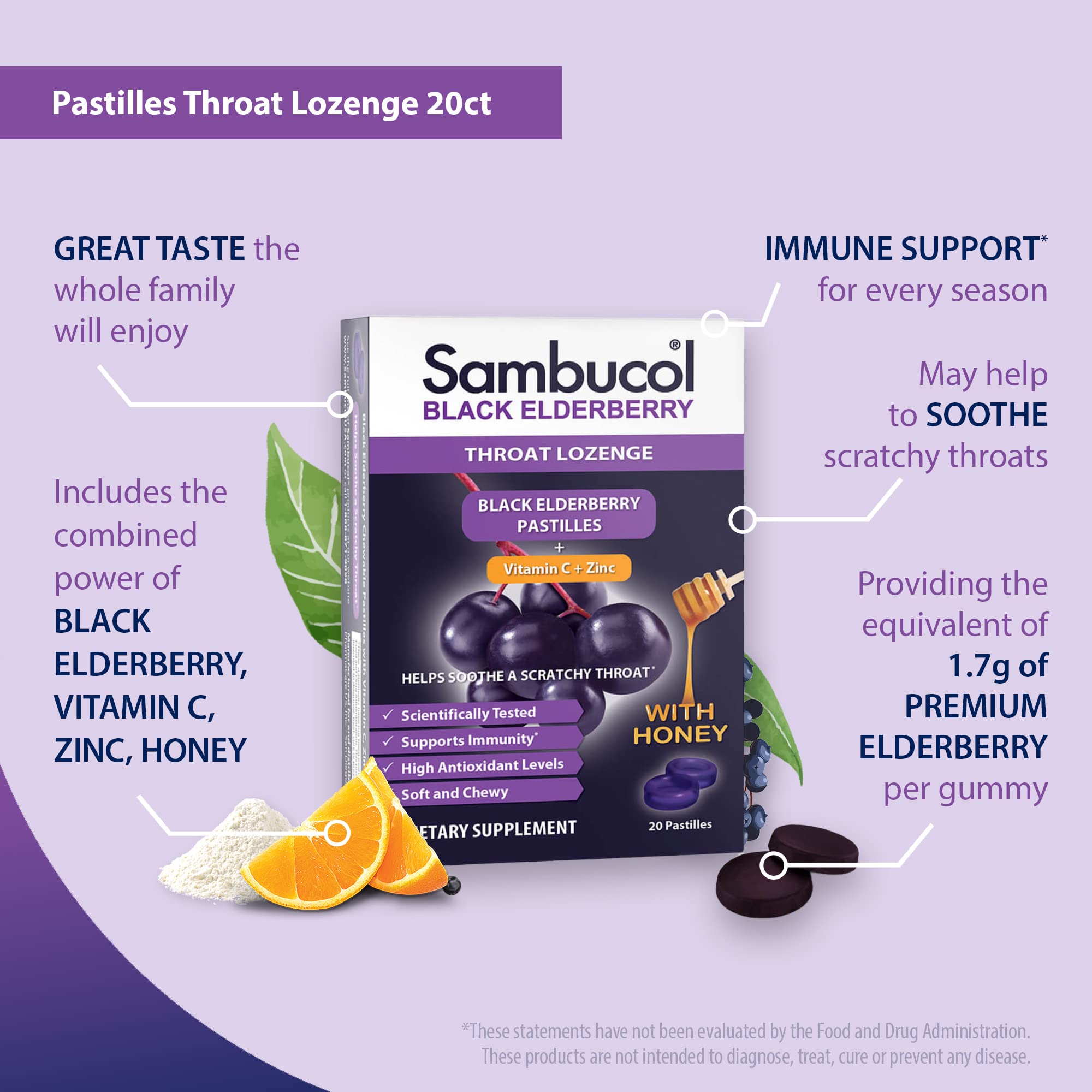 Sambucol Black Elderberry Throat Lozenge - Sore Throat Drops with Honey, Vitamin C & Zinc, Sore Throat Relief for Adults & Kids, Soothes Cough, Soft & Chewy - 60 Count, Pack of 3