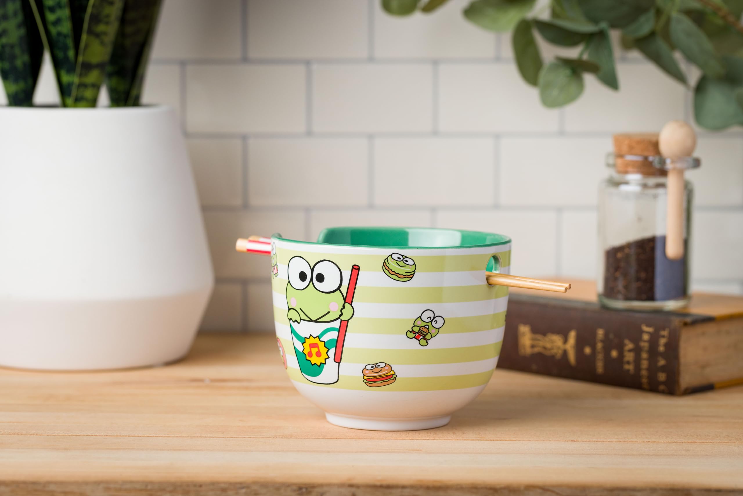 Silver Buffalo Sanrio Hello Kitty and Friends Keroppi Foodie Icons Ceramic Ramen Noodle Rice Bowl with Chopsticks, Microwave Safe, 20 Ounces