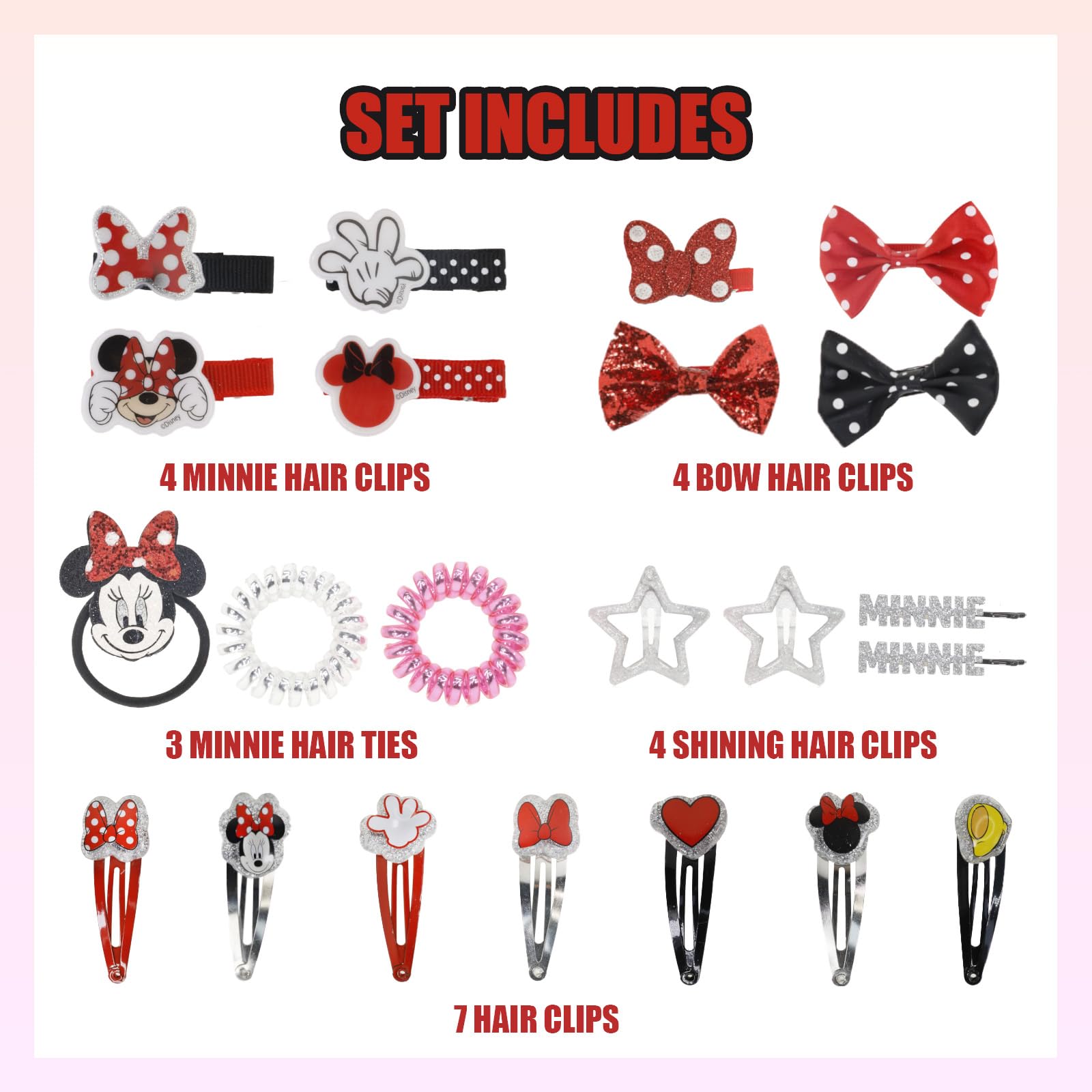 Disney Minnie Mouse Hair Accessories Set for Kids, Perfect for Parties, Sleepovers and Makeovers, Ages 3+, By Townley Girl