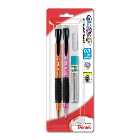 Pentel Champ Mechanical Pencil with Lead and 2 Erasers, (0.7mm), Assorted Barrels, Barrel Color May Vary, 2 Pack (AL17LEBP2)