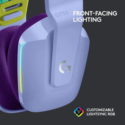 Logitech G733 Lightspeed Wireless Gaming Headset with Suspension Headband, LIGHTSYNC RGB, Blue VO!CE mic Technology and PRO-G Audio Drivers - Lilac